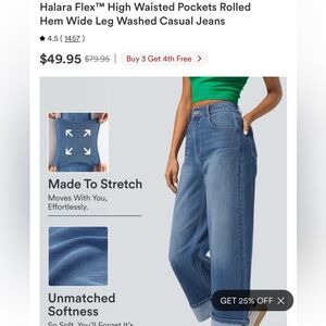 Halara Flex™ High Waisted Pockets Rolled
Hem Wide Leg Washed Casual Jeans